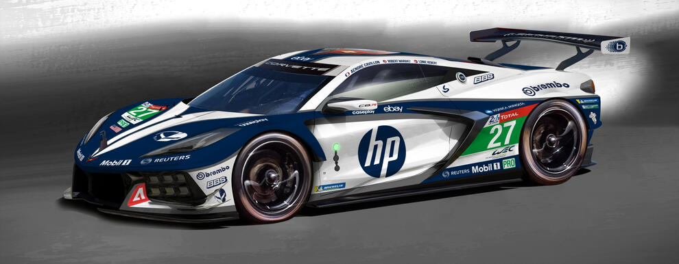 Picture of a Corvette C8.R sporting a HP livery. It is a two tones livery with white and dark blue.